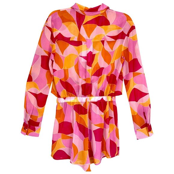 Lovers + Friends Feelin Groovy Fuchsia Geo Sheer Romper Cover up XS Vacation - Picture 7 of 9